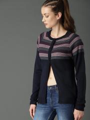 Roadster Women Navy Blue Striped Cardigan