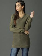 Roadster Women Olive Green Solid Sweater