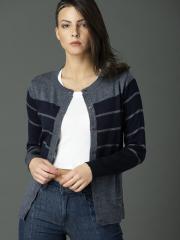 Roadster Women Navy Blue Striped Cardigan