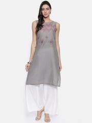 Karigari Women Grey Printed Straight Kurta