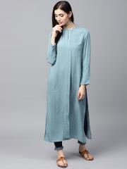 AKS Women Blue Solid Straight Kurta