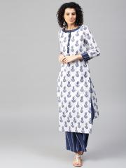 Jaipur Kurti Women White & Blue Printed Kurta with Palazzos