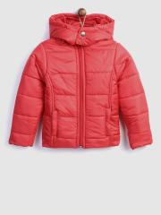 YK Girls Red Solid Padded Jacket with Detachable Hood