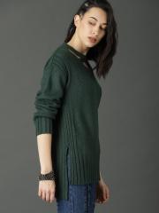 Roadster Women Green Solid Longline Sweater