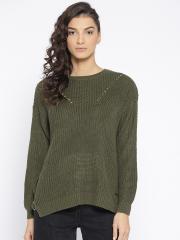 Roadster Women Olive Green Solid Pullover