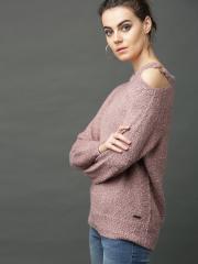 Roadster Women Pink Solid Sweater With Boucle Knit