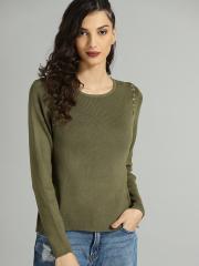 Roadster Women Olive Green Solid Sweater