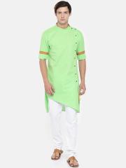 Freehand Men Green & White Solid Kurta with Pyjamas