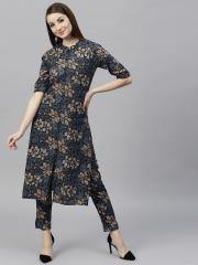 AKS Women Blue & Black Printed Kurta with Trousers