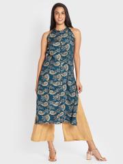 Global Desi Women Blue Printed Straight Kurta