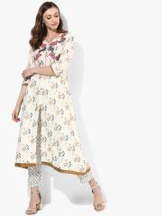 Sangria Women Off-White Embroidered Kurta with Trousers