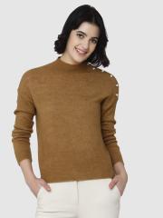 Vero Moda Women Brown Solid Embellished Sweater Top