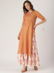 Libas Women Orange & White Printed Kurta with Skirt