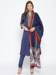 Biba Women Navy Blue Printed Kurta with Churidar & Dupatta