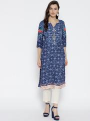 Biba Women Blue Printed Straight Kurta