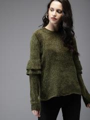 Moda Rapido Women Olive Green Solid Pullover