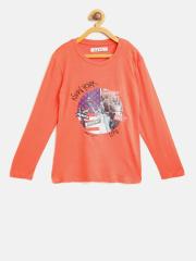 Palm Tree Girls Orange Printed Round Neck T-shirt