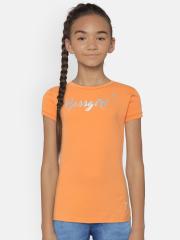 Palm Tree Girls Orange Printed Detail Round Neck T-shirt