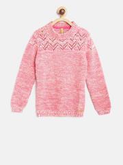 Gini and Jony Girls Pink Self Design Sweater