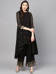 W Women Black & Golden Embroidered Kurta with Palazzos