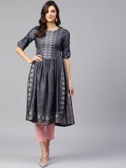 W Women Navy Blue Printed A-Line Kurta