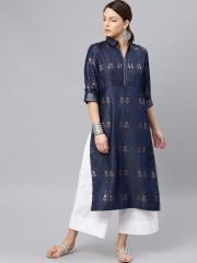 W Navy Blue Printed A-Line Kurta