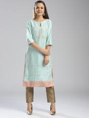 W Women Blue Printed Straight Kurta