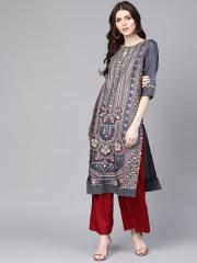 W Women Blue Printed Straight Kurta