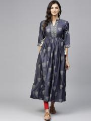 W Women Navy Blue & White Printed A-Line Kurta