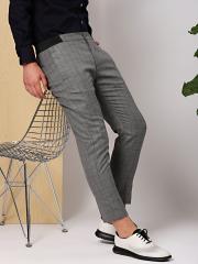 INVICTUS Men Charcoal Grey & Black Slim Fit Checked Formal Trousers