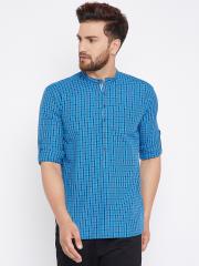 even Men Blue Checked Straight Kurta