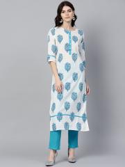 Jaipur Kurti Women White & Blue Printed Kurta with Trousers