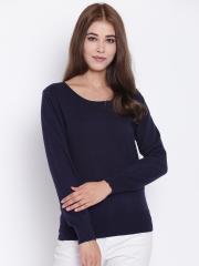 Madame Women Navy Blue Solid Pullover