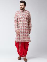 SOJANYA Men Beige & Red Printed Kurta with Dhoti Pants