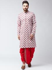 SOJANYA Men White & Red Printed Kurta with Dhoti Pants