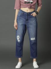 Roadster Women Blue Boyfriend Fit Mid-Rise Embellished Mildly Distressed Cropped Jeans