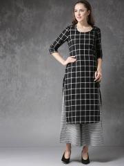 Anouk Women Black & Grey Checked Kurta with Palazzos