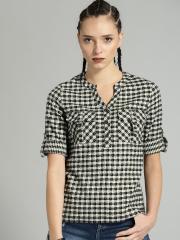 Roadster Fast and Furious Women White & Black Checked Shirt Style Pure Cotton Top