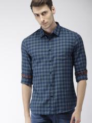 Celio Men Navy Blue & Green Slim Fit Checked Casual Shirt