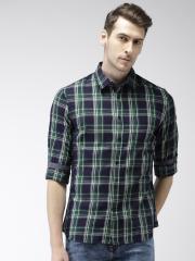 Celio Men Navy Blue & Green Slim Fit Checked Casual Shirt