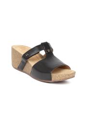 Clarks Women Black Solid Leather Wedges