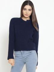 Madame Women Navy Blue Solid Pullover