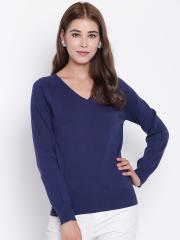 Madame Women Navy Blue Solid Pullover