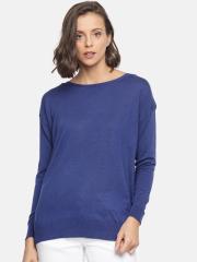 MANGO Women Blue Ribbed Pullover