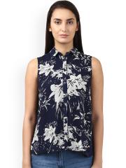 Park Avenue Women Navy Blue Printed Shirt Style Top