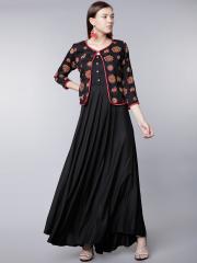 Vishudh Women Black Printed Maxi Dress with Jacket