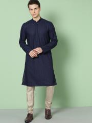 House of Pataudi Men Navy Blue Woven Design Straight Kurta