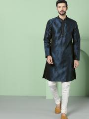 House of Pataudi Men Navy Blue & Black Woven Design Straight Kurta