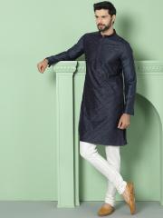 House of Pataudi Men Navy Blue Woven Design Straight Kurta