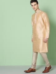 House of Pataudi Men Beige Woven Design Straight Kurta